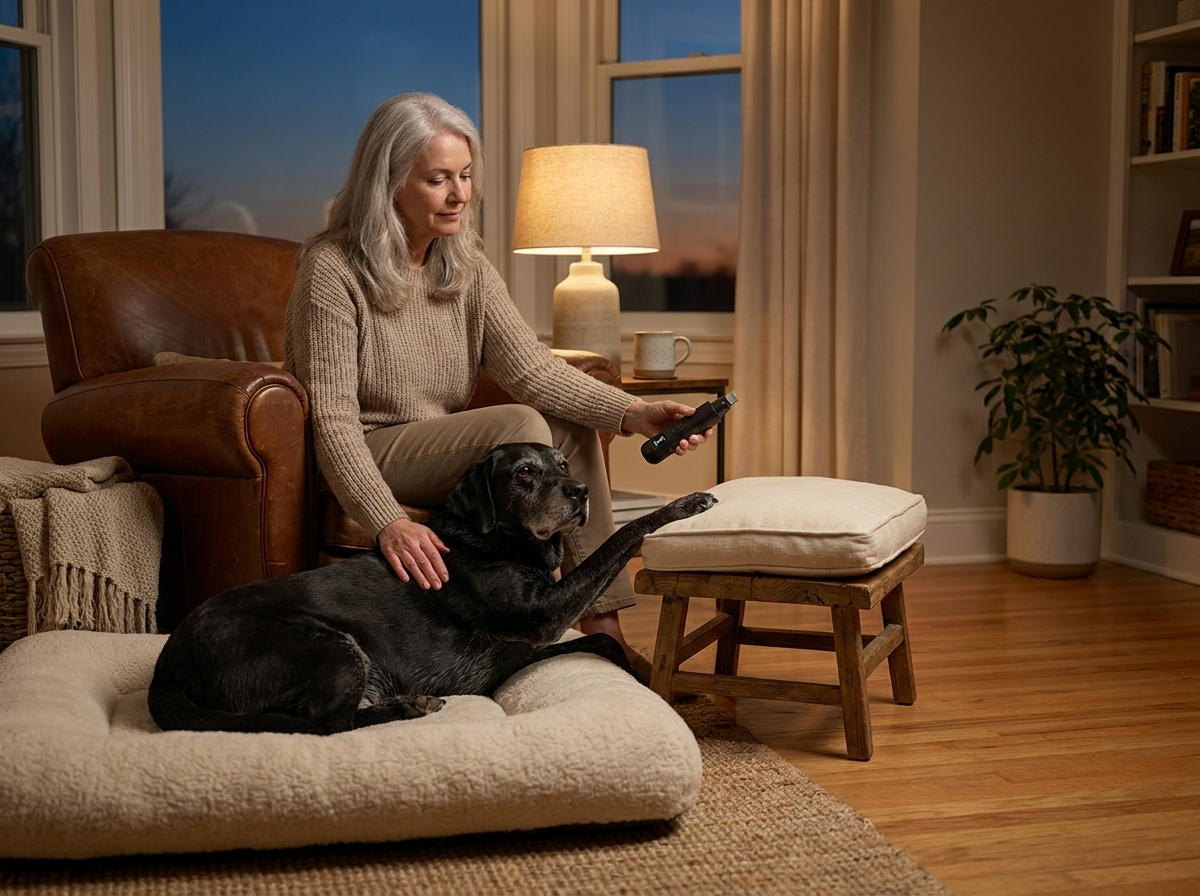 An owner in her armchair grinding her big dog's nails, his paw resting on a cushion