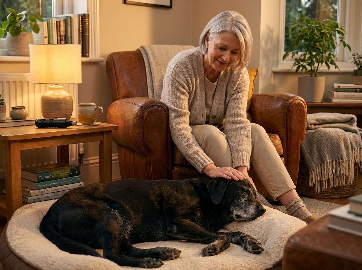 An owner in her armchair grinding her big dog nails, his paw resting on a cushion